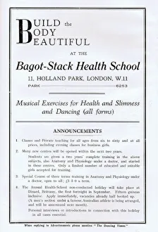 Exercises Prints: An advertisement for the Bagot-Stack Health School of 11 Holland Park