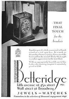 Clocks Prints: Advert for Betteridge clocks, Jewels and watches, 5th Ave at 45th Street