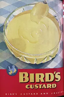 Foods Prints: Advert for Bird's Custard, highlighting its nutritional value when served with rhubarb