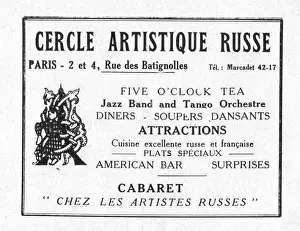 Russe Prints: Advert for Cercle Artistique Russe, 2-4 Rue des Batignolles, Paris, 1920s Date: 1920s