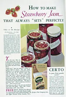 Foods Prints: Advert for Certo pure fruit pectin, featuring a recipe for strawberry jam. Date: 1932