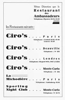 Jazz Age Club Prints: Advert for Ciros restaurant chain, 1930