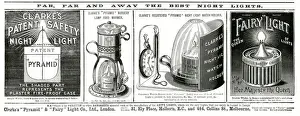 Advertising Prints: Advert for Clarkes patent safety night light 1892