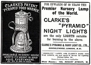 Indoor Prints: Advert for Clarke's Pyramid Food Warmer 1904