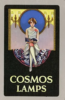 Cosmos Prints: Advert, Cosmos Lamps, Art Deco design, woman reading