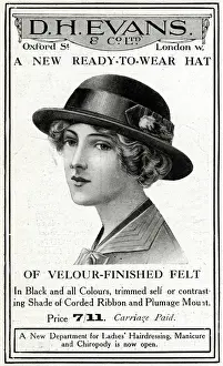 Finished Prints: Advert for D. H Evans ready-to-wear felt hat 1914