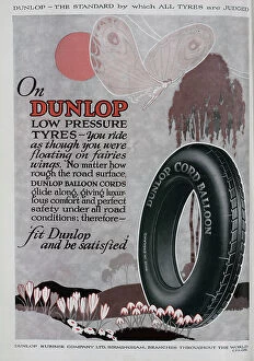 Pressure Collection: Advertisement for Dunlop low pressure tyres. Scenic colour illustration, with fairy