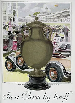 Imagery Prints: Advert for Dunlop Tyres, using imagery of the Ascot Gold Cup. Date: 1932