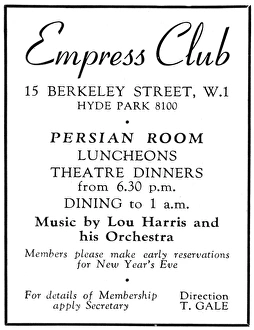 Advertisement for The Empress Club, 13 Berkeley Street Advertisement for The Empress Club, 13 Berkeley Street