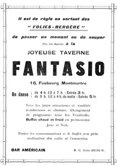 Montmartre Prints: Advert for Fantasio, Bar Americain, 16 Faubourg, Montmartre Date: 1920s
