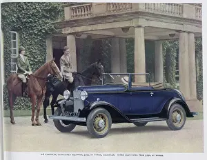 Advertisement for Ford Motor Company V8 car. Colour photograph showing man and woman on horses, admiring dark blue Ford V8 Cabriolet, outside pillared entrance to grand house. Captioned, Thoroughbred alike in appearance and performance