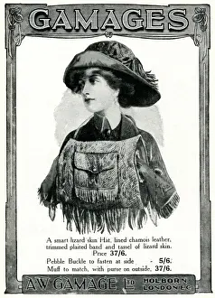 Skins Prints: Advert for Gamages lizard skin accessories 1909