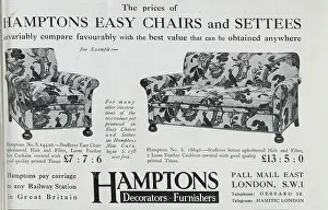 Advertisement for Hamptons Furniture, showing Hamptons Easy Chairs and Settees in floral fabric. Established in 1830, and expanded in the 1890s, Hamptons undertook restoration work on Richmond Council Chamber