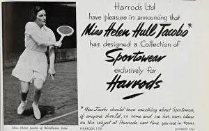 Jacobs Prints: Advert for Harrods sportswear, featuring Helen Jacobs