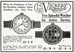 Advert for J. C. Vickery luminous & grill-guard watches 1918