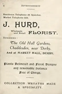 Advertisement for J Hurd, Florist, Chaddesden and Derby