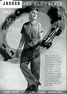 Advert for Jaeger, Kay Petrie, Motor Racing Driver