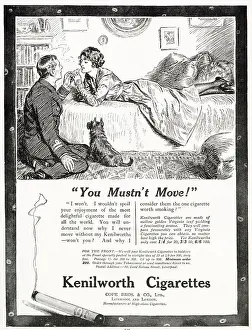Advertisement for Kenilworth cigarettes showing a two lovers sharing a light from a cigarette. Date: 1919