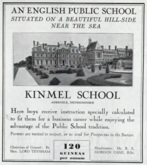 Clarendon Prints: Advert for Kinmel School, a boys public school in Denbighshire