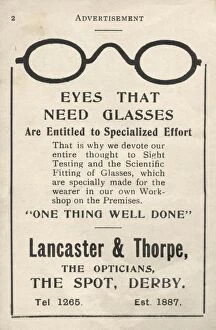 Thorpe Gallery: Advertisement for Lancaster & Thorpe opticians, Derby