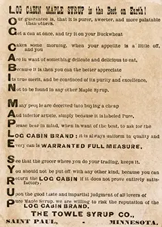 Advert for Log Cabin Maple Syrup, Towle Syrup Co