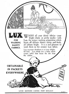 Advert for Lux soap flakes, an illustration of a woman handwashing with Lux, and a girl smiling at the viewer. Date: 1918