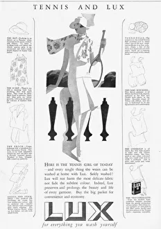 Advert for Lux, soap powder, featuring tennis wear, 1926