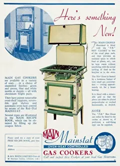 Stoves Prints: Advert for Main Mainstat gas cookers with hot plate 1938
