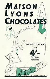 Adverts Gallery: Advertisement for Maison Lyons chocolates showing art deco style figures indulging in