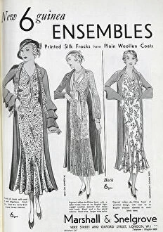 Frocks Collection: Advert for Marshall and Snelgrove's range of printed silk frocks, worn with woollen coats