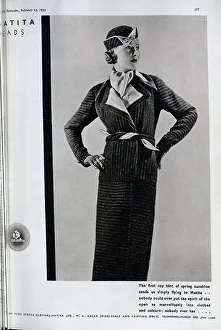 Advertisement for Matita Ltd, British Made Sports Clothes'. Studio fashion portrait, showing model wearing striped jacket, skirt, gloves and matching hat. Date: 1933