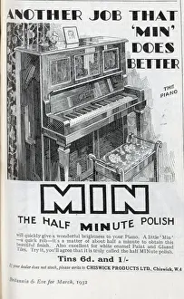 Minute Prints: Advert for Min Piano Polish, promising a beautiful finish in half a minute. Date: 1932