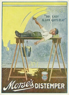 Brush Collection: Advertisement for Morses distemper with a decorator lying flat while painting the walls
