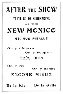 Montmartre Prints: Advert for New Monico, 66 Rue Pigalle, Montmartre Date: 1920s