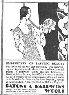 New Images July 2023 Collection: Advert for Patons and Baldwin's tapestry wools, with a lady admiring her work Date: 1920s