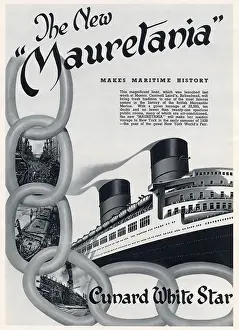 Advertisement for RMS Mauretania, the newly formed Cunard-White Star company, ocean liner. Date: 1938