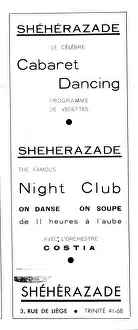 Advert for Sheherazade nightclub, 3 Rue de Leige, Paris Date: 1920s