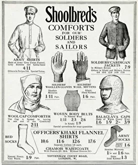 Mittens Collection: Advert for Shoolbreds soldiers & sailors comforts 1915