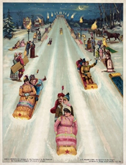 Advertisement for Star toboggans, showing people sledding at Advertisement for Star toboggans, showing people sledding at