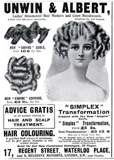 Images Dated 18th October 2019: Advert for Unwin & Albert womens coiffure 1908 Advert for Unwin & Albert womens