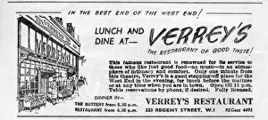 Advertisement for Verrey's restaurant on Regent Street, a popular West End haunt since it