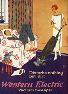 Adverts Gallery: Advertisement for the Western Electric vacuum cleaner with a women patiently cleaning