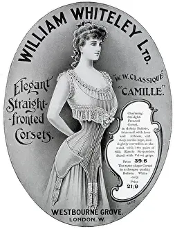 Fronted Prints: Advertisement for William Whiteley elegant straight fronted corset. Date: 1906