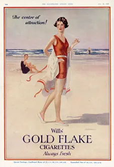 Adverts Prints: Advert for Wills Gold Flake cigarettes, featuring a glamorous young woman smoking a