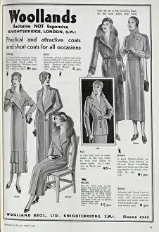 Woolland Prints: Advert for Woollands, illustrating their range of women's coats and short coats