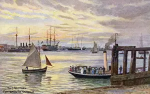 Portsmouth Prints: Admiral Nelsons flagship The Victory in Portsmouth Harbour. Date: circa 1920