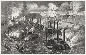 Blockade Prints: Admiral Porters fleet running the rebel blockade of the Mis