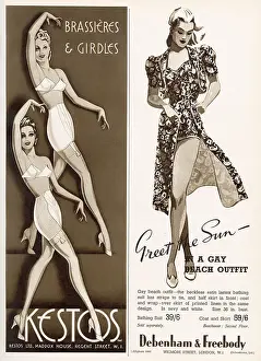 Two adverts from Kestos, brassieres and girdles and Debenham & Freebody beach outfit. Date: May 1940