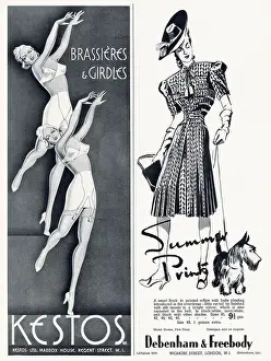 Two adverts from Kestos, brassieres and girdles and Debenham & Freebody smart printed frock. Date: May 1940