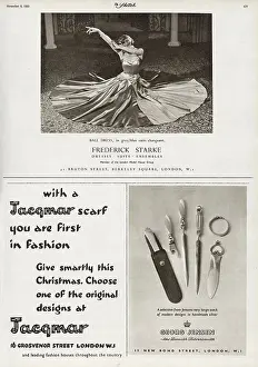 Handmade Prints: Advertisements - (top) Ball dress in grey/blue satin changeant by Frederick Starke